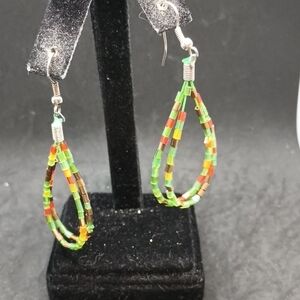 Green and Red Beaded Teardrop Earrings